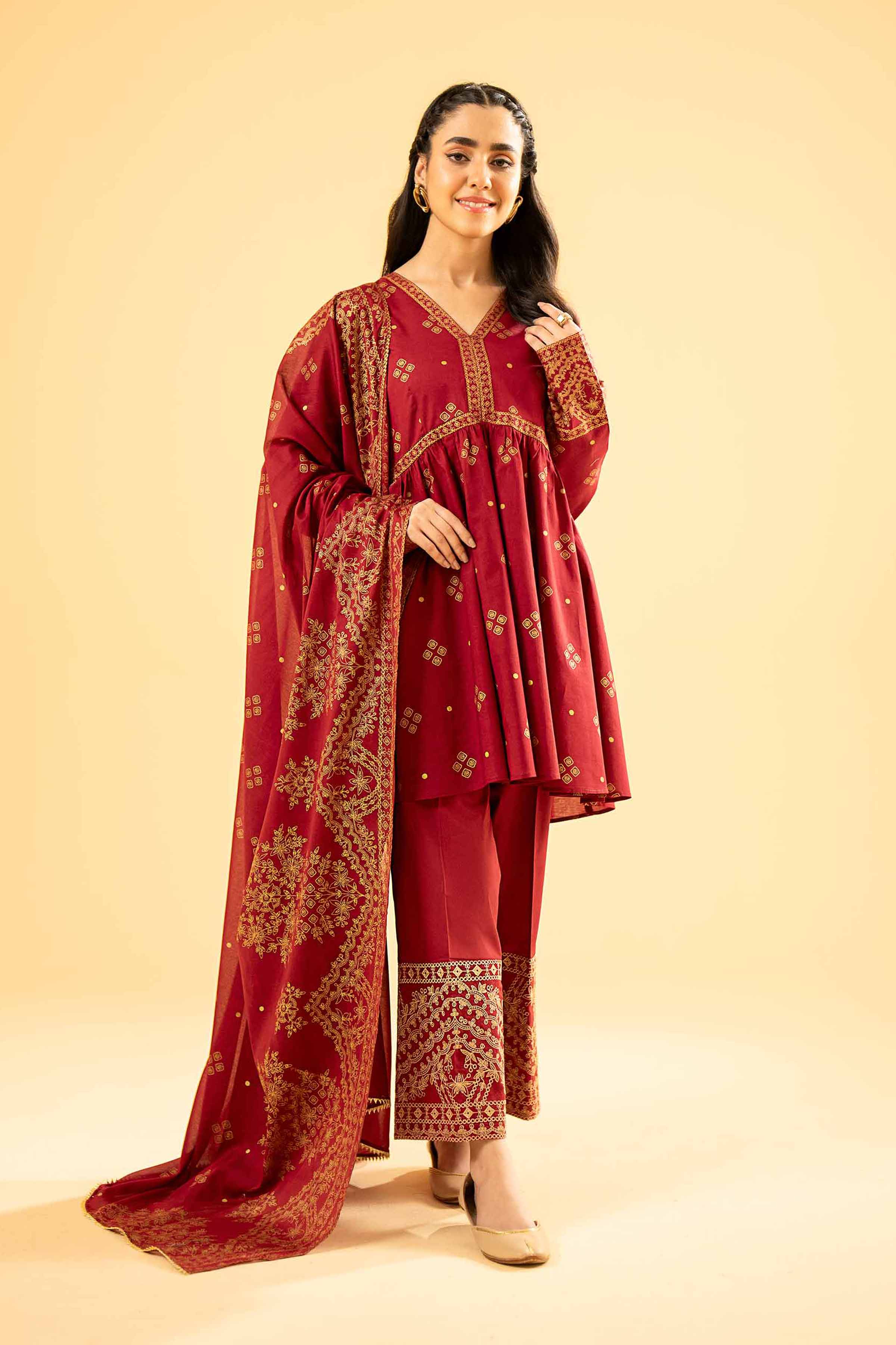3 Piece - Gold Printed Embroidered Suit - 42401859
