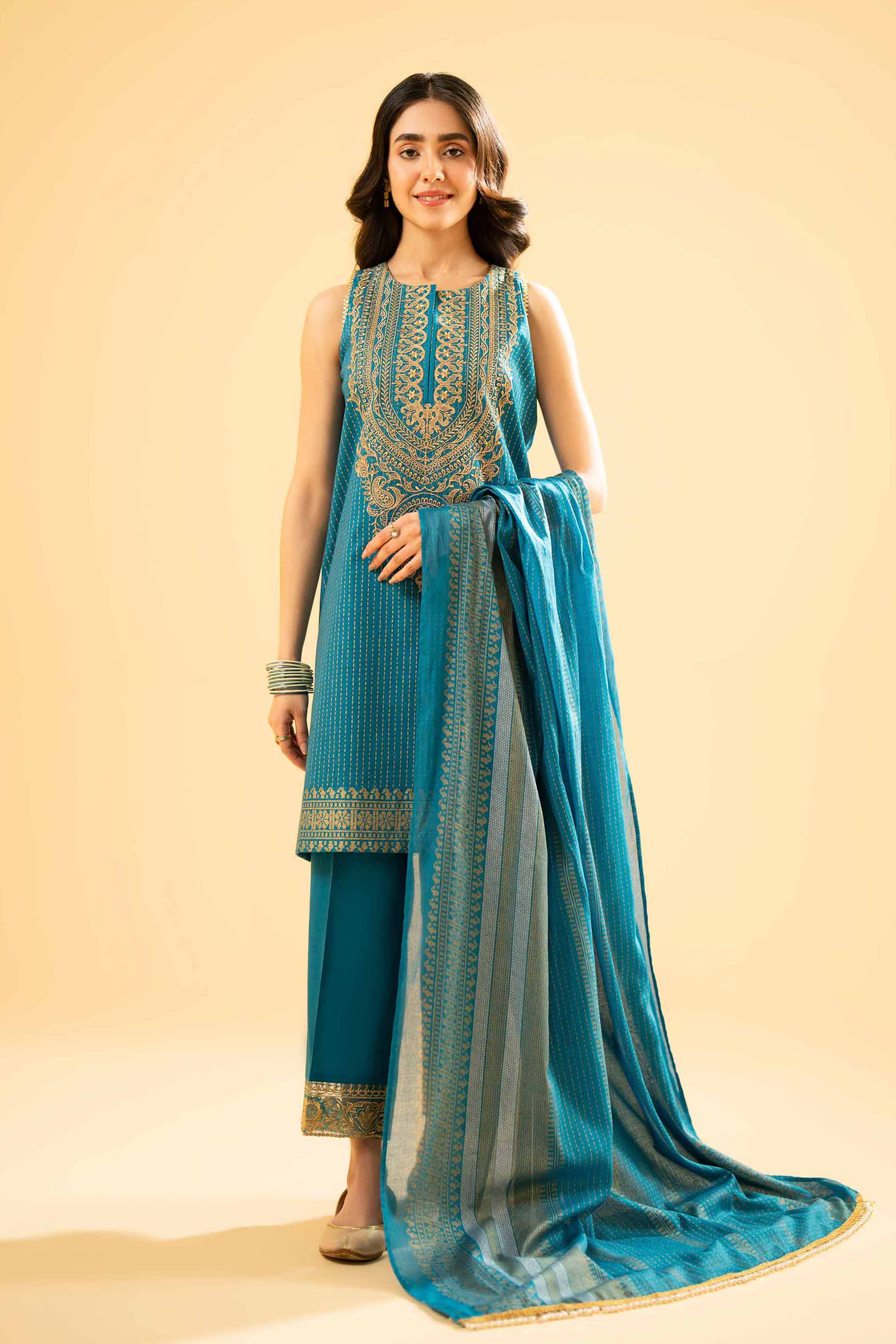 3 Piece - Gold & Silver Printed Embroidered Suit - 42401866