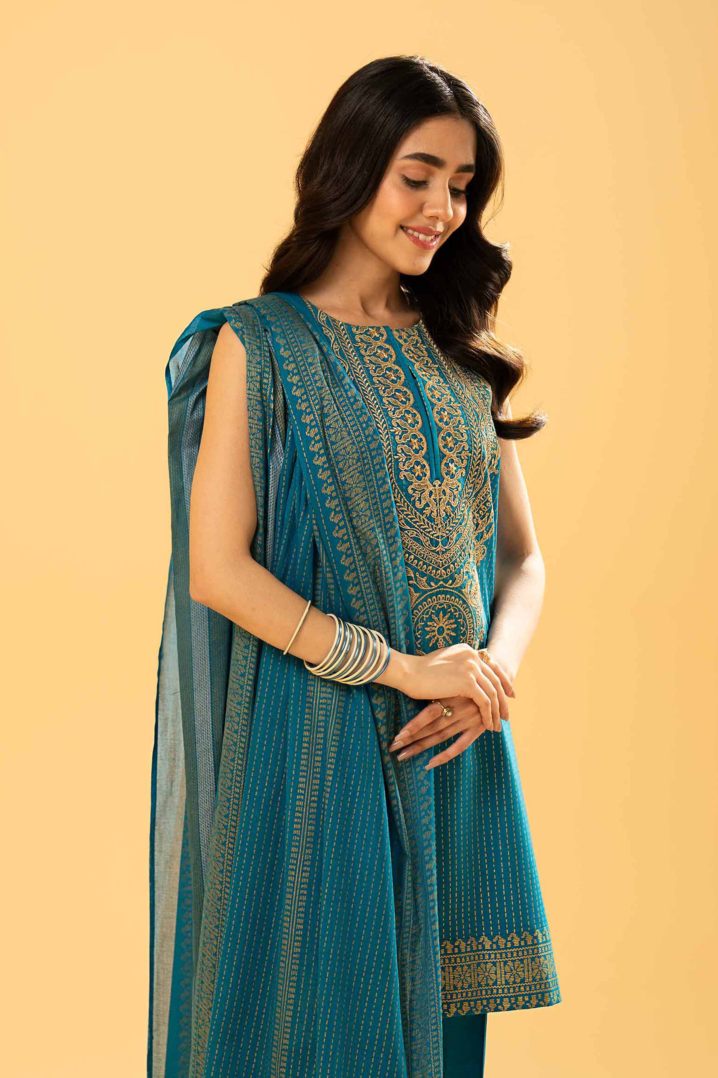 3 Piece - Gold & Silver Printed Embroidered Suit - 42401866 - Image 2