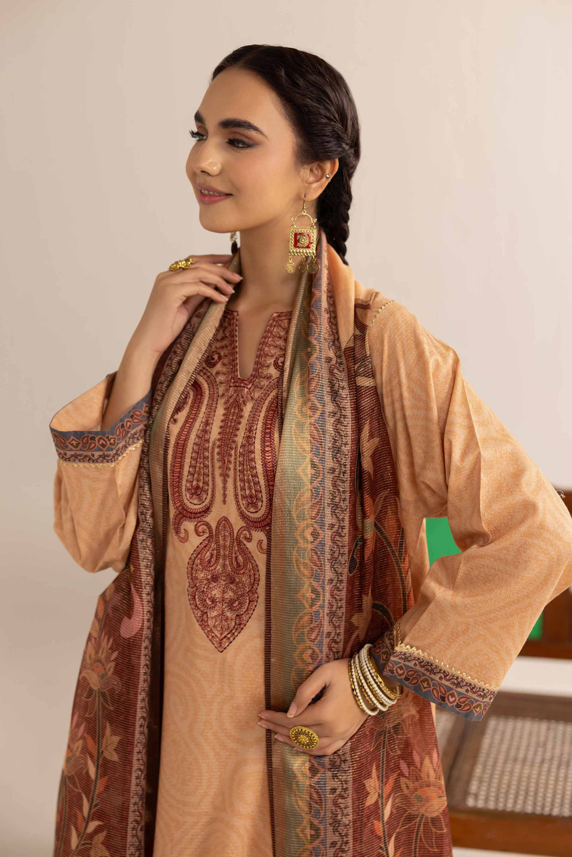 3 Piece - Printed Embroidered Suit - PE25-102