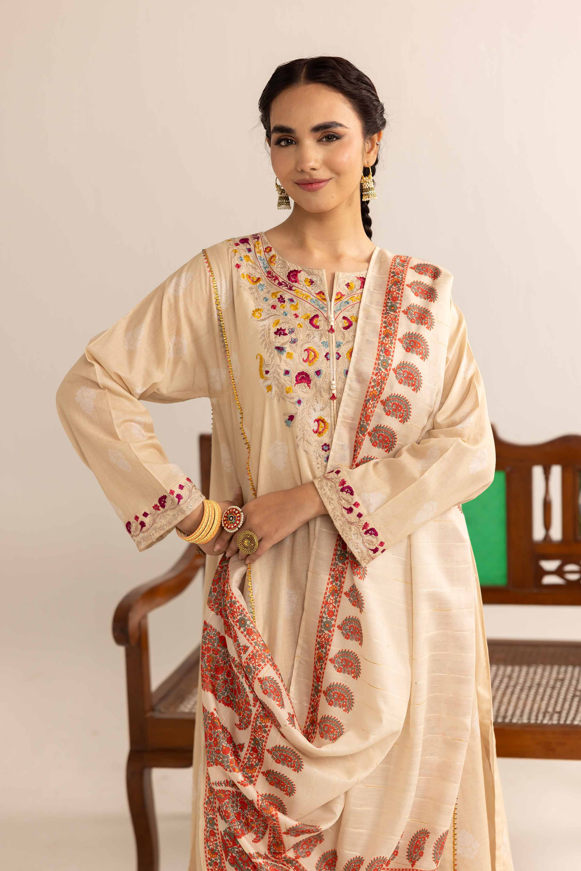 3 Piece - Printed Embroidered Suit - PE25-108 - Image 4