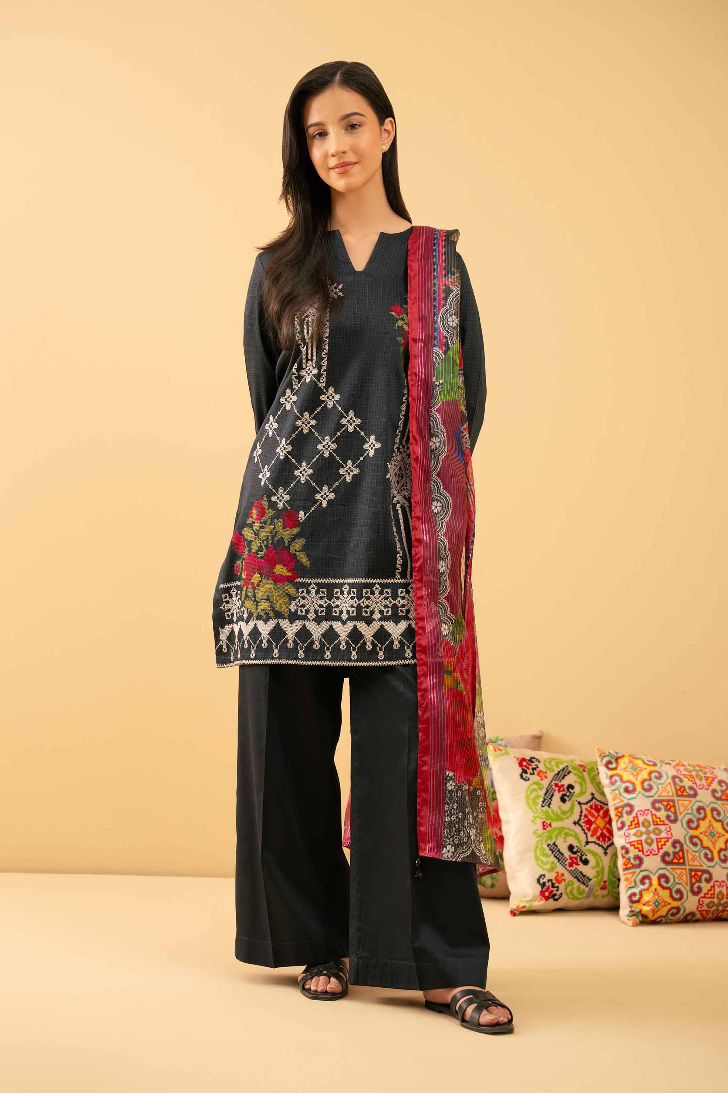 3 Piece - Printed Embroidered Suit - PE25-493