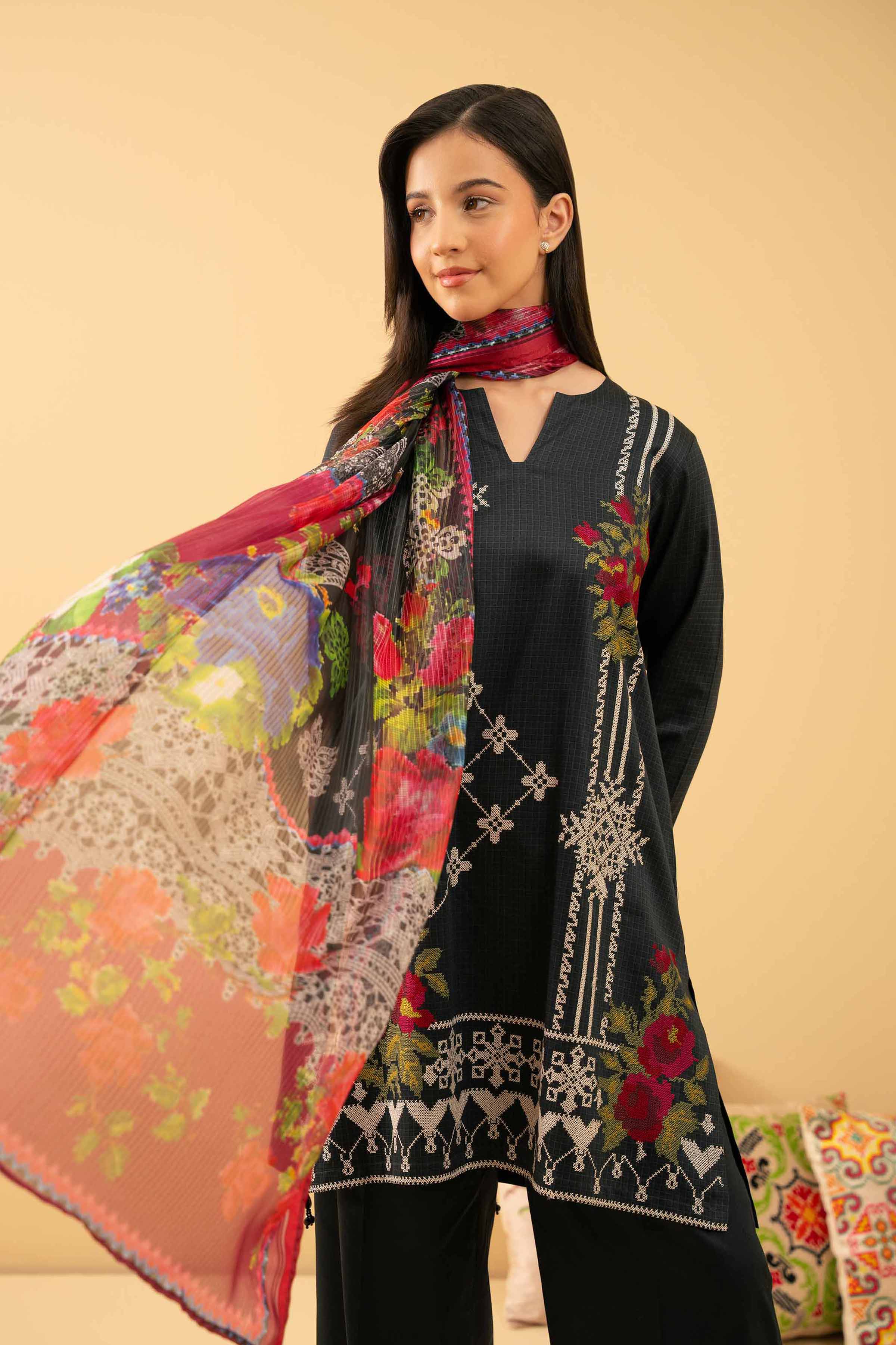 3 Piece - Printed Embroidered Suit - PE25-493 - Image 2