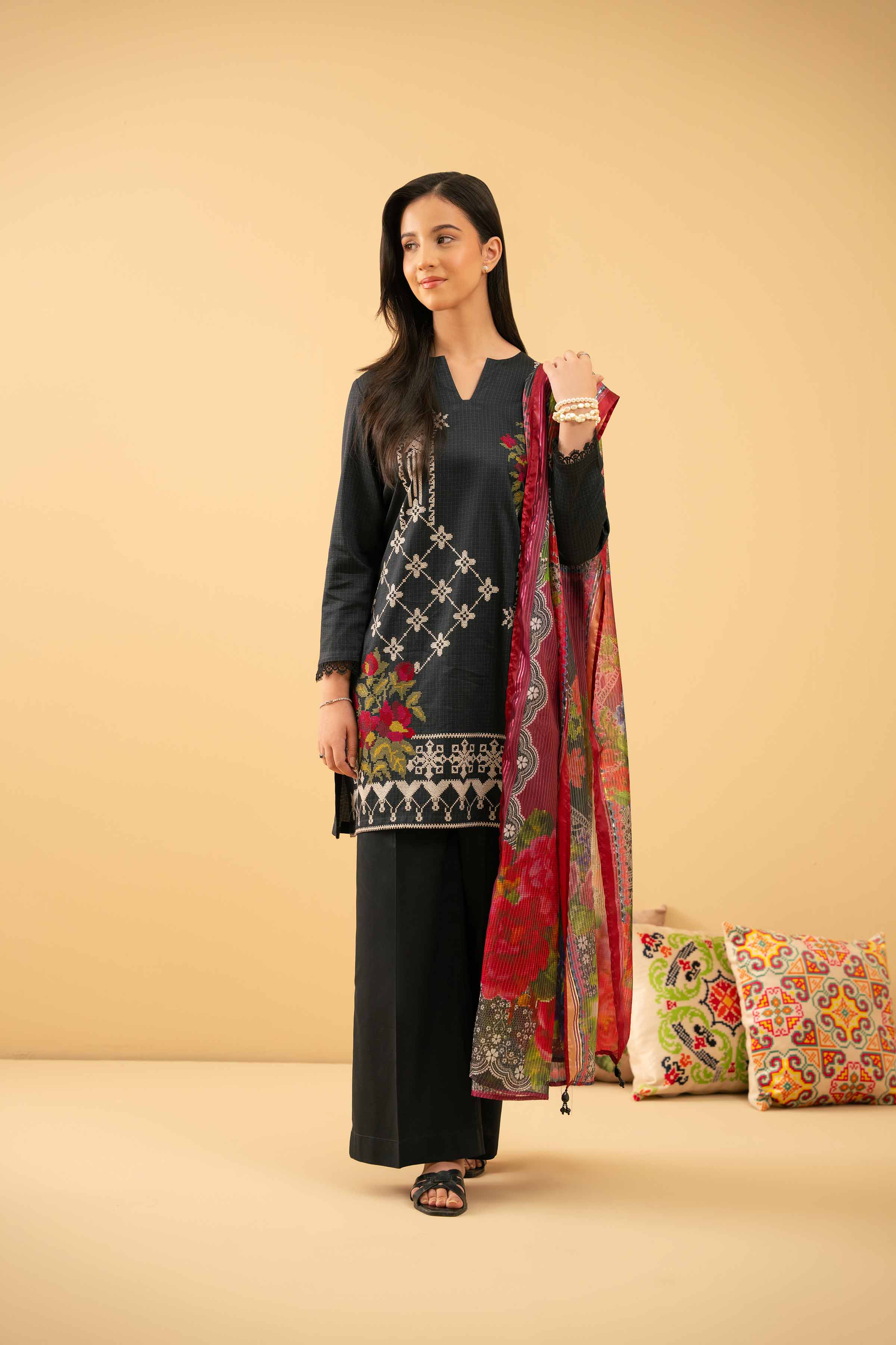 3 Piece - Printed Embroidered Suit - PE25-493 - Image 4