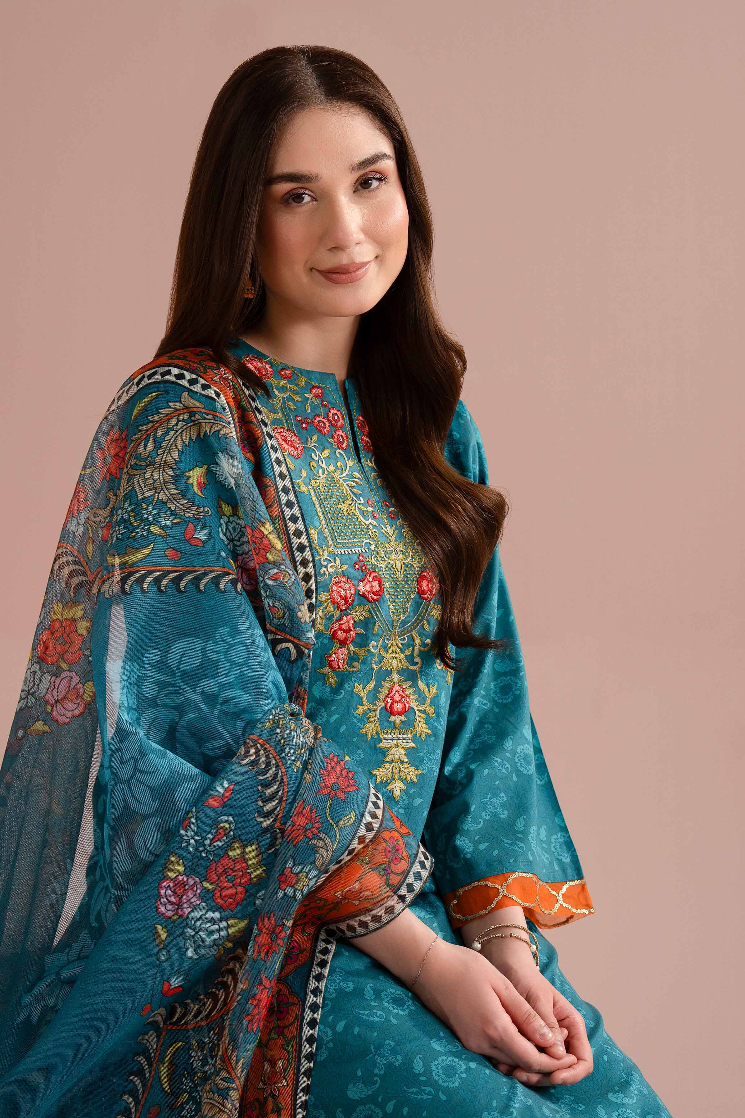 3 Piece - Printed Embroidered Suit - PE26-328 - Image 5