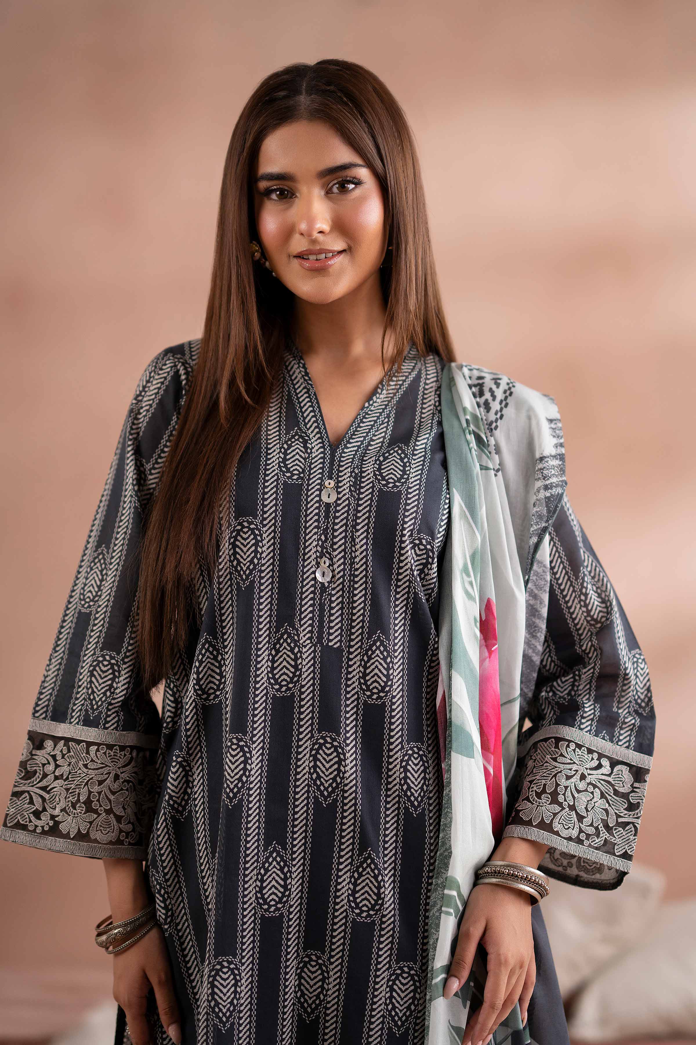 3 Piece - Printed Embroidered Suit - PS25-171 - Image 4