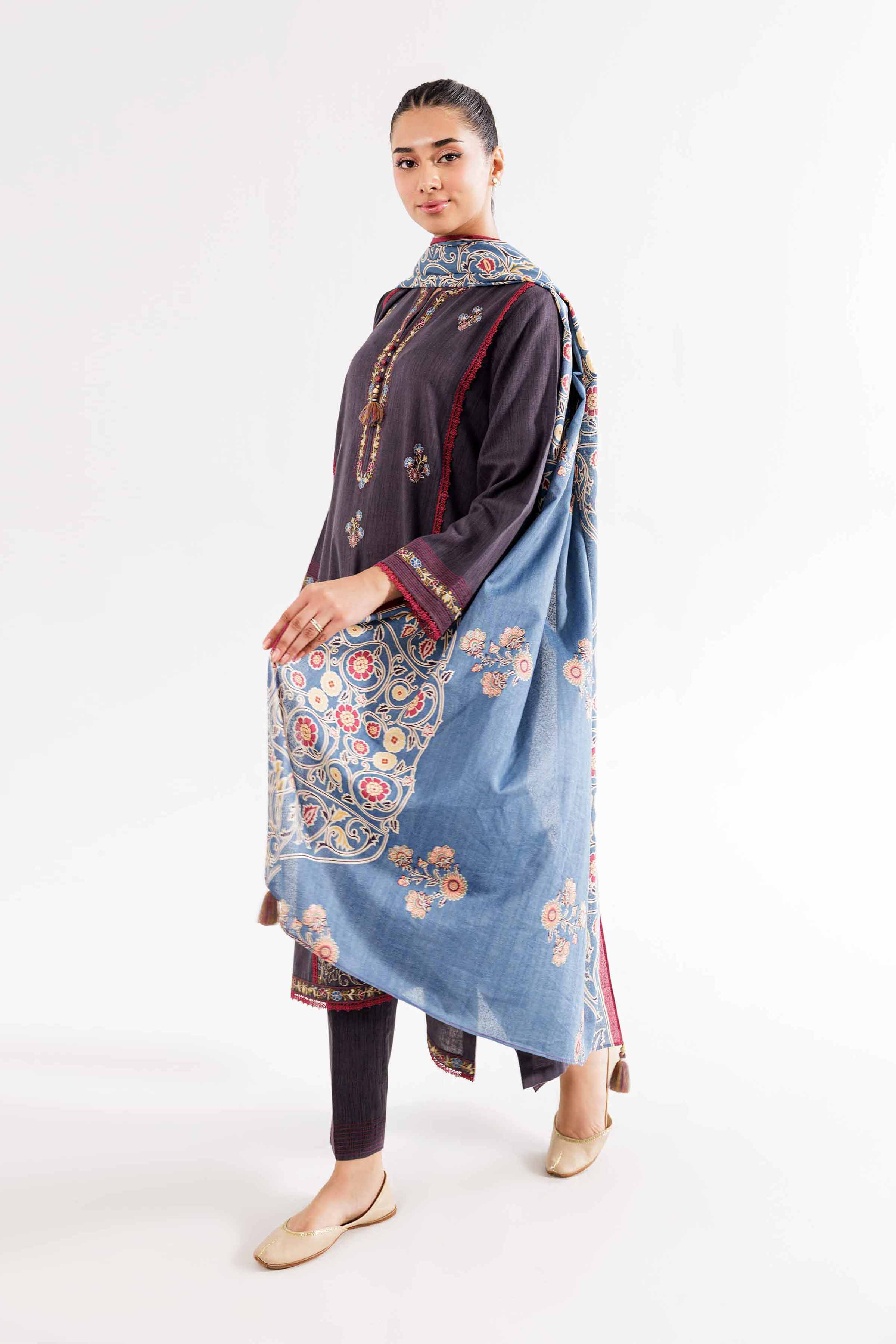3 Piece - Printed Embroidered Suit - PW24-362 - Image 2