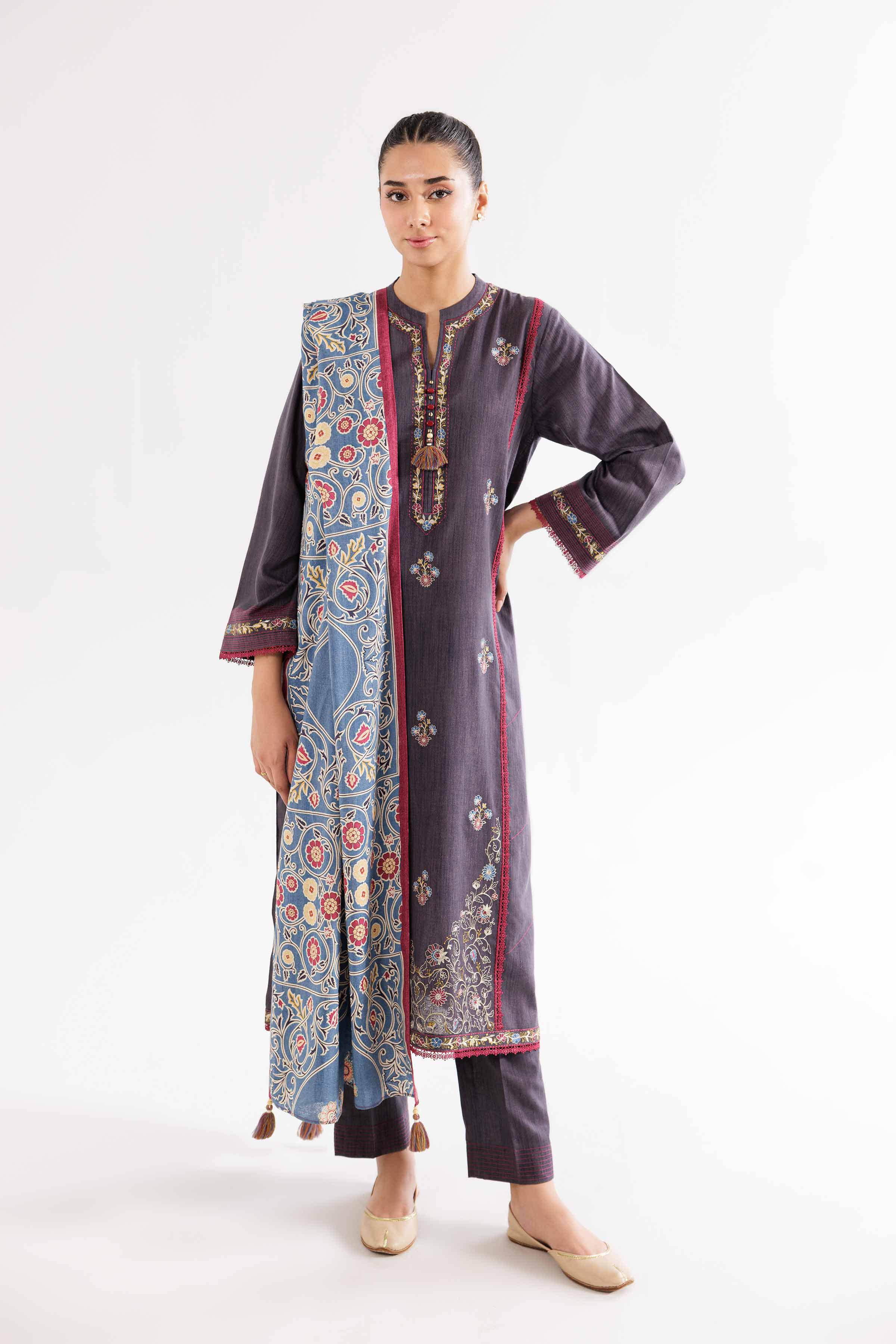 3 Piece - Printed Embroidered Suit - PW24-362 - Image 5