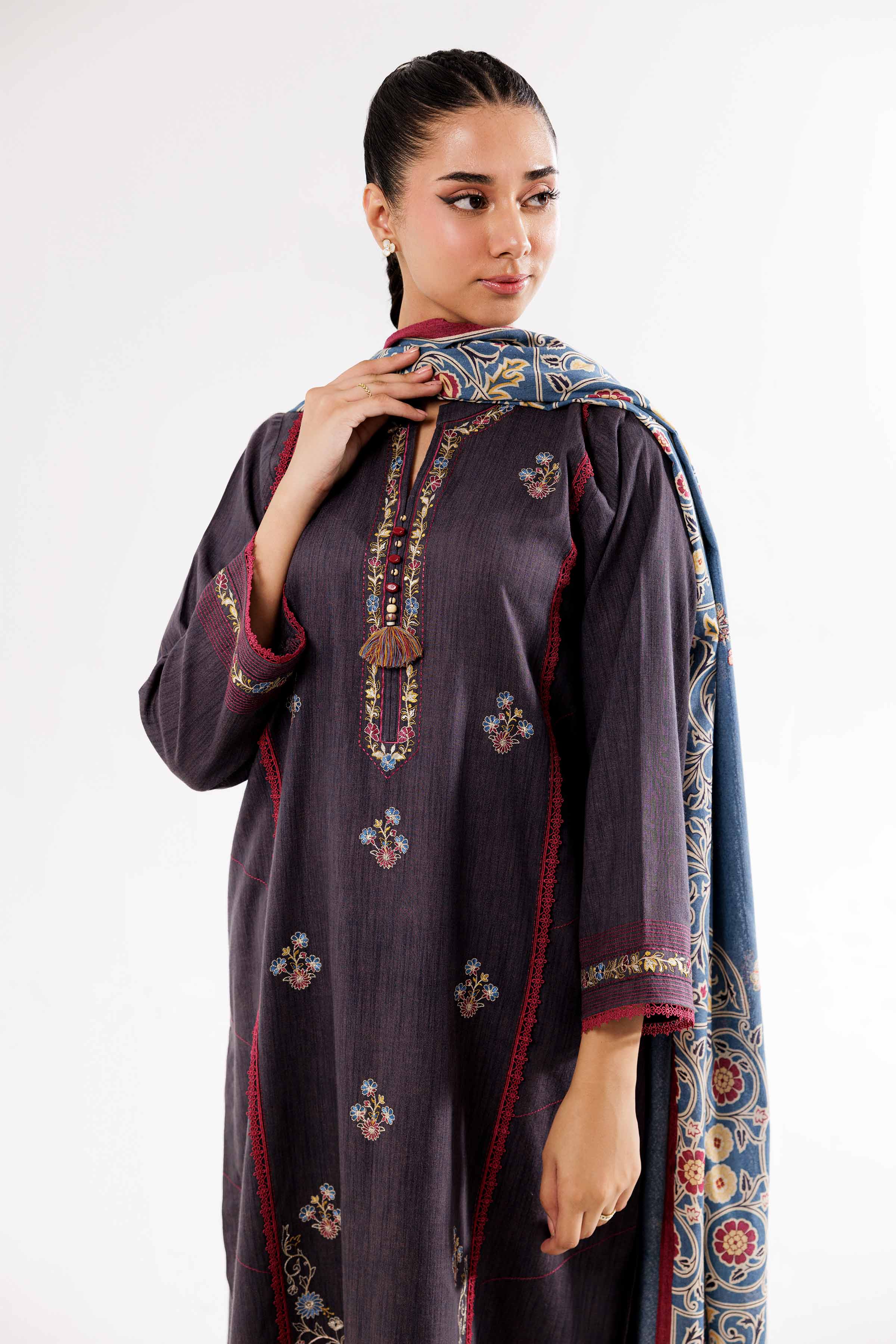 3 Piece - Printed Embroidered Suit - PW24-362 - Image 7