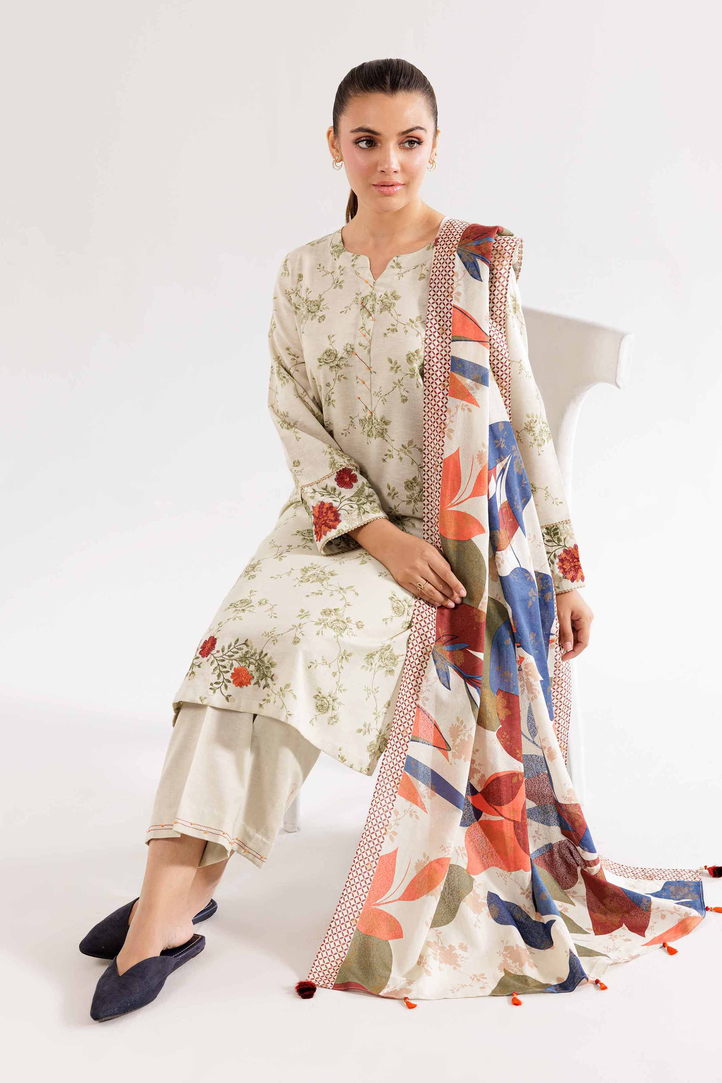 3 Piece - Printed Embroidered Suit - PW24-377 - Image 2