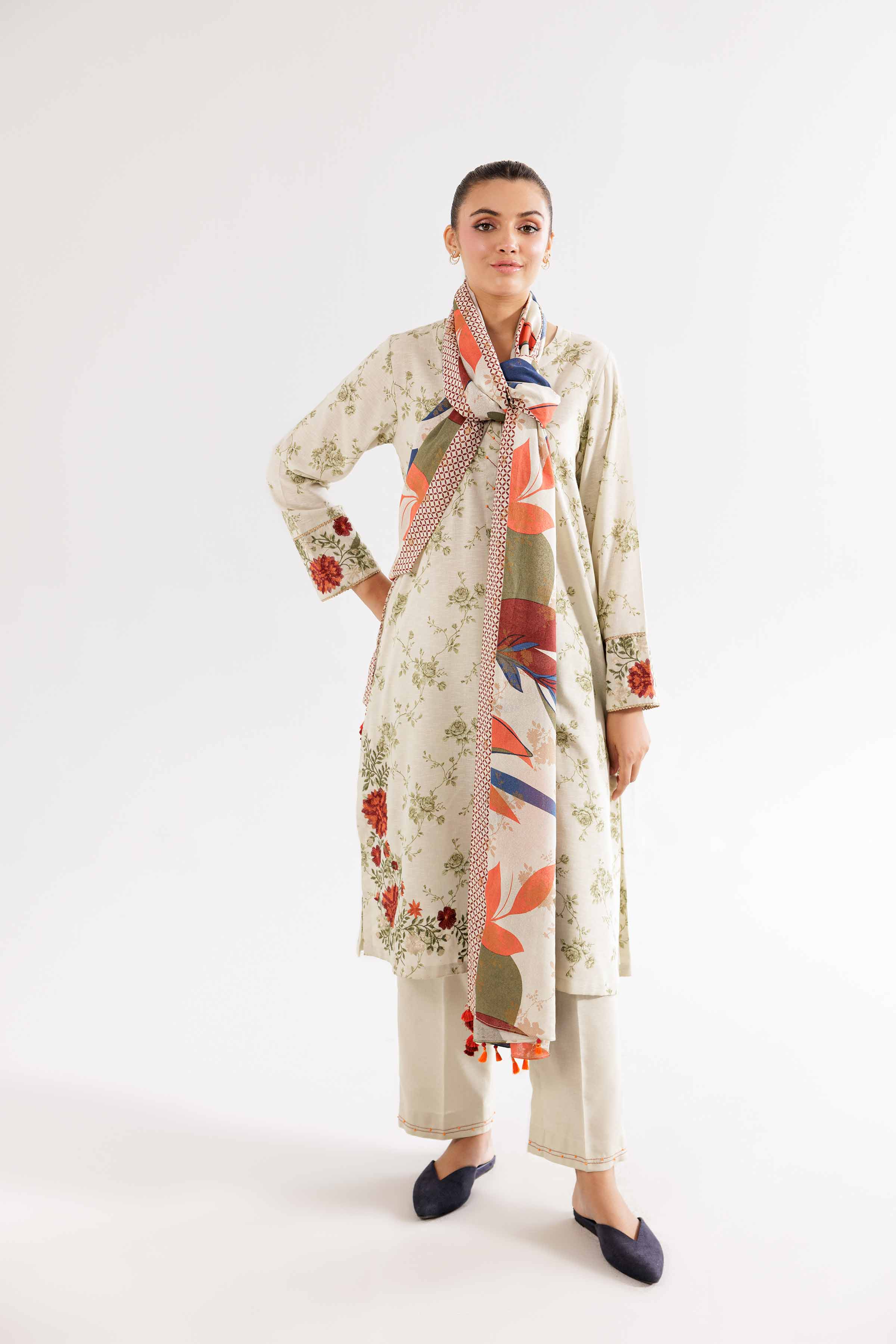 3 Piece - Printed Embroidered Suit - PW24-377 - Image 5