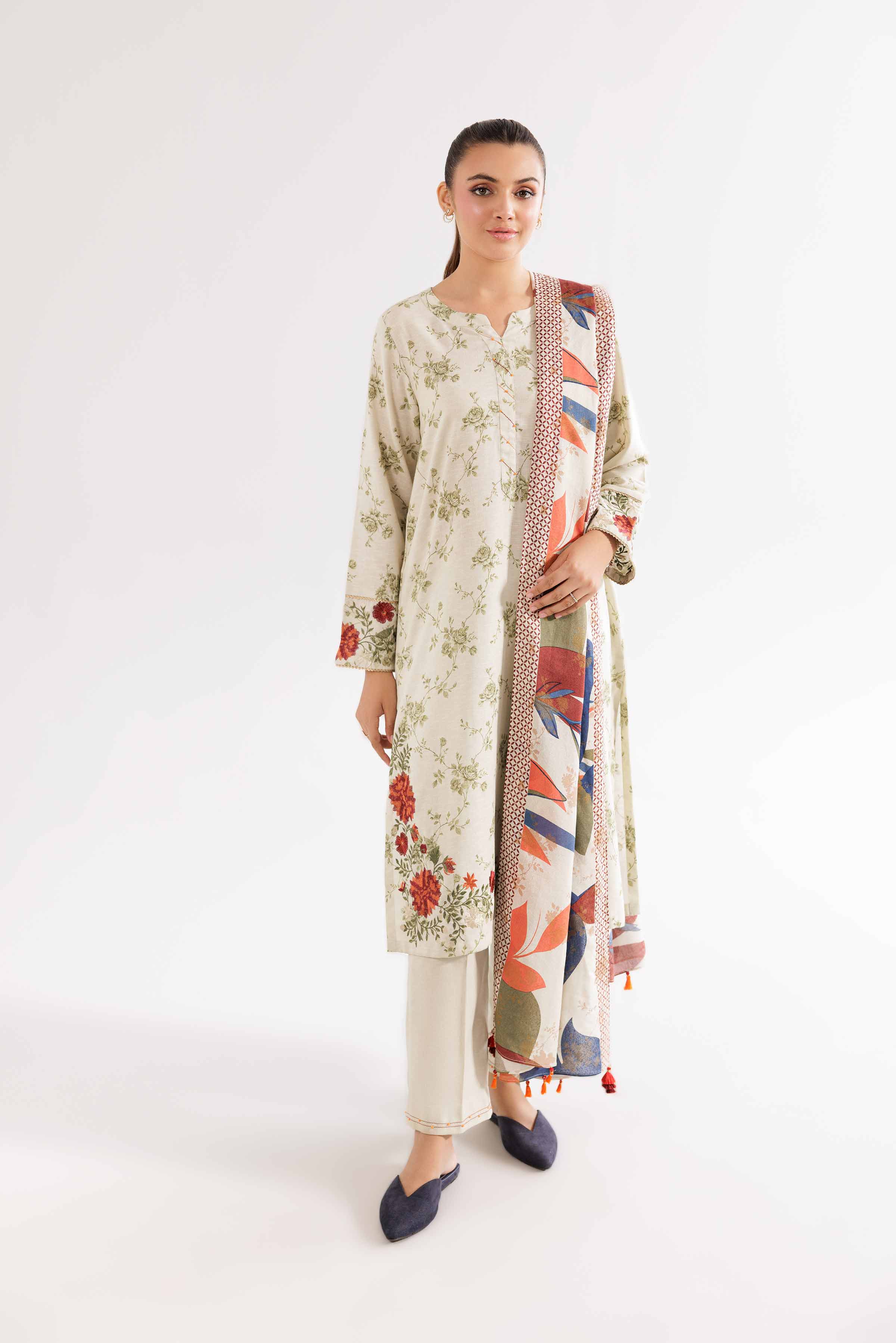 3 Piece - Printed Embroidered Suit - PW24-377 - Image 6