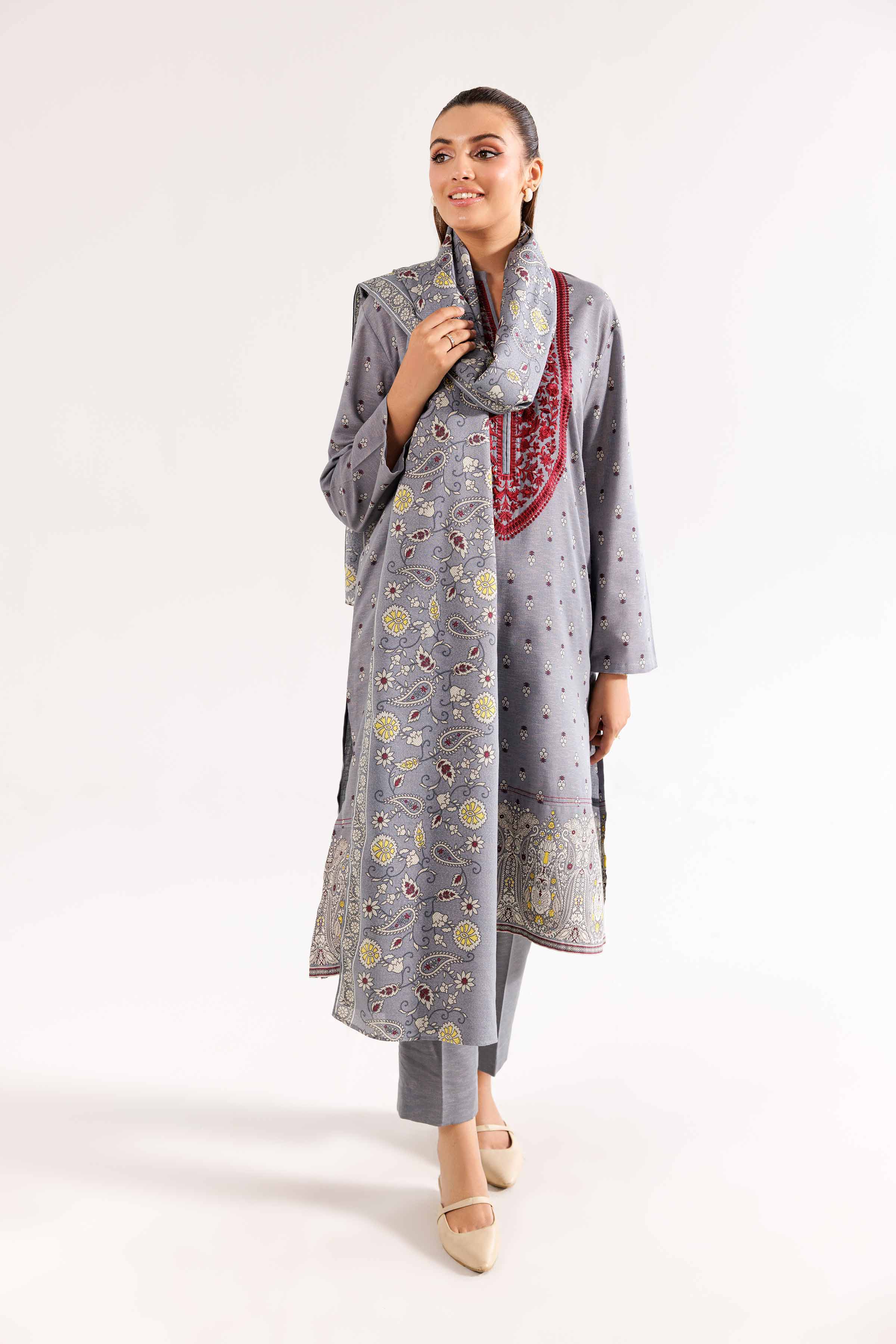 3 Piece - Printed Embroidered Suit - PW24-386 - Image 4